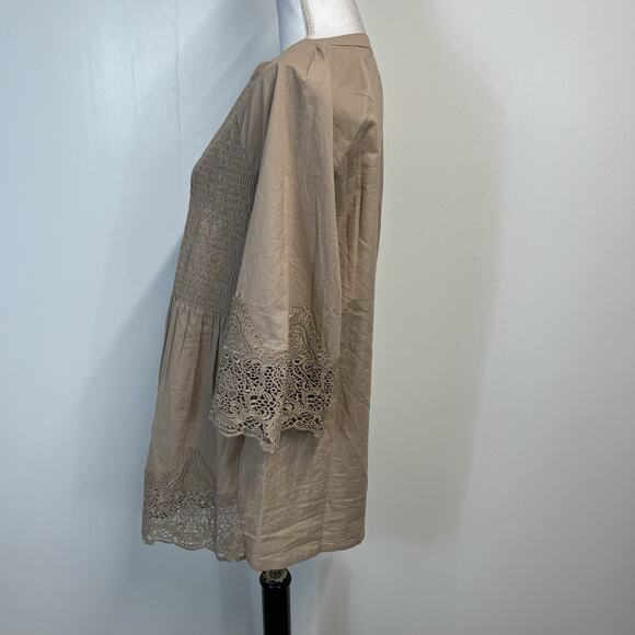 Alessa W. Collection Blouse Tunic Women's sz 10 Khaki Smocked Lace Peasant Boho - Picture 7 of 9